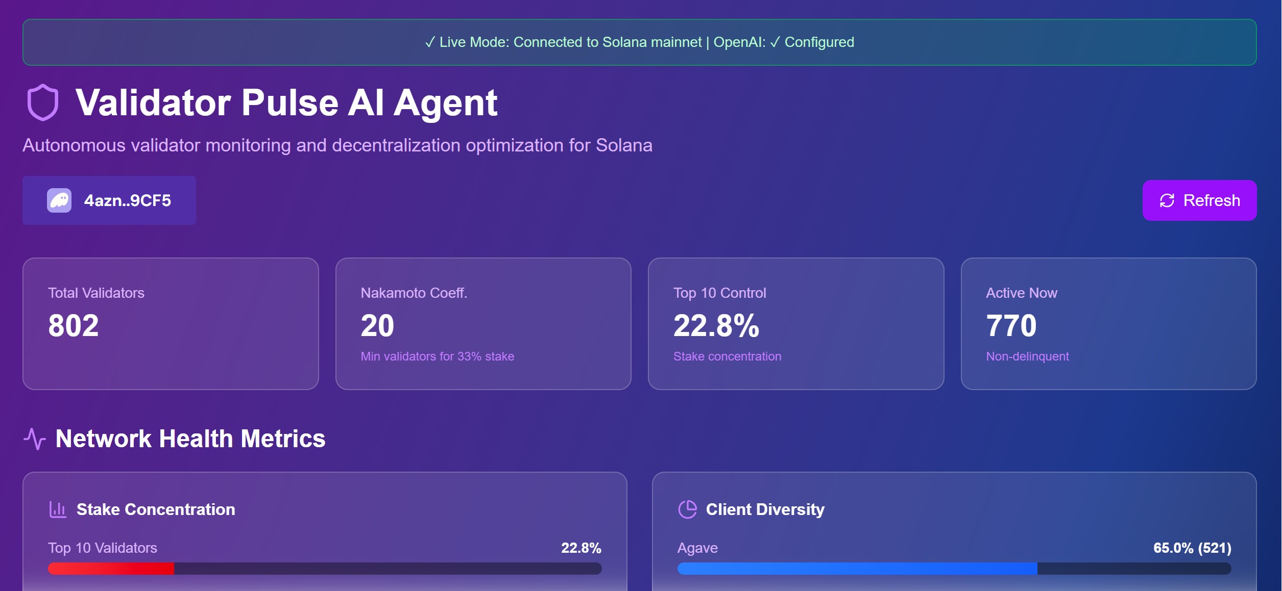 Validator Pulse AI Agent Solana dashboard